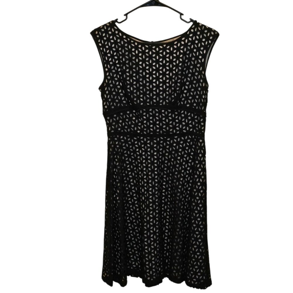LOFT Black Eyelet Lace Dress Size 4 Fit Flare Sleeveless Cocktail Party Midi